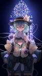  2girls absurdres black_headwear black_socks closed_eyes commentary facing_viewer green_hair hat hat_ribbon heart heart_of_string highres komeiji_koishi long_sleeves multiple_girls ribbon rori82li short_hair sitting socks stained_glass third_eye touhou yellow_ribbon 