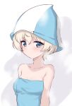  1girl blonde_hair blue_eyes blush breasts collarbone girls_und_panzer hat highres kuzuryuu_kennosuke looking_at_viewer short_hair small_breasts solo towel tulip_hat upper_body youko_(girls_und_panzer) 