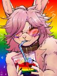  &lt;3 absurd_res anthro bell bell_collar beverage blaxat_(artist) bodypaint bubble_tea chest_tuft collar container cup domestic_cat drinking drinking_straw eyes_closed face_paint fangs felid feline felis fur hair hi_res lgbt_pride lips male mammal pink_hair pride_colors rainbow_background rainbow_pride_colors simple_background smile solo sparkles tan_body tan_fur teeth thick_bottom_lip tilted tuft 