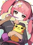  1girl :t blunt_bangs blush breast_pocket bright_pupils brown_eyes brushing_teeth commentary_request cup eyelashes hair_ornament highres holding holding_cup holding_toothbrush looking_at_viewer mug pikachu pink_hair pocket pokemon pokemon_(anime) pokemon_horizons sango_(pokemon) shirt suginakara_(user_ehfp8355) themed_object toothbrush twintails 