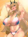  1girl abs armpits arms_behind_head arms_up bare_shoulders barghest_(fate) barghest_(swimsuit_archer)_(fate) biceps bikini blonde_hair breasts cleavage collarbone fate/grand_order fate_(series) green_eyes highres horns huge_breasts koshian_manjuu long_hair looking_at_viewer multicolored_bikini multicolored_clothes muscular muscular_female navel open_mouth orange_sky sky smile solo sparkle swimsuit thick_thighs thighs twilight wet white_bikini 