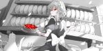  1girl apron back_bow bow braid closed_mouth cup dress expressionless food greyscale hair_between_eyes hair_bow highres holding holding_knife holding_plate indoors izayoi_sakuya karohroka knife looking_at_viewer looking_back maid_apron maid_headdress monochrome non-web_source official_art pie plate puffy_short_sleeves puffy_sleeves red_eyes second-party_source shelf short_sleeves sleeve_cuffs solo spot_color teacup teapot touhou touhou_lost_word twin_braids upper_body wrist_cuffs 