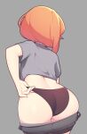  1girl adjusting_clothes adjusting_panties arm_behind_back ass ass_focus black_panties clothes_pull commentary crop_top denim denim_shorts english_commentary facing_away fizintine from_behind grey_background grey_shorts highres leaning_forward luna_(fizintine) orange_hair original panties short_hair short_sleeves shorts shorts_pull simple_background solo underwear 