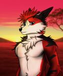  anthro blue_eyes canid canine detailed_background digital_drawing_(artwork) digital_media_(artwork) fox fur half-length_portrait hi_res line_art male mammal outside plant portrait red_body red_fur solo solo_focus sunset tree white_body white_fur wolfrayay 