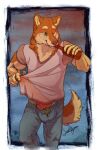  akita akita_inu anthro big_penis bottle bottomwear brown_body brown_fur brown_nose bulge canid canine canis claws clothed clothing container denim denim_clothing domestic_dog erection erection_under_clothing fur genitals green_eyes huge_penis hyper hyper_genitalia jeans male mammal mason_(suck_mcjones) one_eye_closed pants penis shirt solo spitz suck_mcjones t-shirt tail topwear underwear wink 
