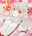  1girl alto2019 bow collared_shirt fire fujiwara_no_mokou hair_bow juliet_sleeves long_hair long_sleeves looking_at_viewer marker_(medium) puffy_sleeves red_eyes sample_watermark shirt solo suspenders touhou traditional_media watermark white_bow white_hair white_shirt 