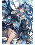 abstract_background absurdres animal_ears arknights bandeau black_bandeau black_coat black_shorts blue_background blue_hair blue_shirt blue_skin border bottle breasts cleavage coat colored_skin commentary dragon_girl dragon_horns english_commentary hand_up highres holding holding_bottle holding_sword holding_weapon horns large_breasts ling_(arknights) ling_(towering_is_cliff_of_nostalgia)_(arknights) long_hair looking_at_viewer mento official_alternate_costume open_clothes open_coat pointy_ears ponytail purple_eyes shirt shorts smile sword tied_shirt weapon 