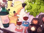  animal_focus artist_name bottle candy chocolate colored_skin commentary_request cork dot_nose drink food glass hanabusaoekaki happy_valentine heart heart-shaped_chocolate highres leaf no_humans on_table pikachu pokemon pokemon_(creature) solid_oval_eyes solo sparkle table yellow_skin 