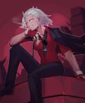  1girl absurdres banahanamas black_gloves black_jacket black_necktie black_pants cigarette demon demon_girl demon_horns gloves hell helltaker highres horns jacket jacket_on_shoulders justice_(helltaker) looking_to_the_side necktie pants red_shirt shirt sitting white_eyes white_hair white_horns 