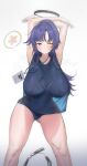  1boy 1girl absurdres armpits arms_up arona&#039;s_sensei_doodle_(blue_archive) ass_visible_through_thighs bare_legs black_halo blue_archive blue_buruma blue_tank_top breasts buruma covered_nipples gym_uniform highres huge_breasts id_card inhey lanyard long_hair no_bra one_eye_closed ponytail purple_eyes purple_hair see-through see-through_silhouette sensei_(blue_archive) shirt_overhang simple_background star_(symbol) star_sticker sticker_on_face stretching sweat sweatdrop tank_top thighs yuuka_(blue_archive) yuuka_(gym_uniform)_(blue_archive) 