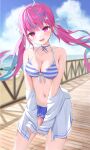  1girl bare_shoulders bikini bikini_skirt blue_hair blue_ribbon blush breasts cleavage collarbone colored_inner_hair front-tie_bikini_top front-tie_top hair_ribbon highres hololive jacket long_hair looking_at_viewer minato_aqua multicolored_hair navel neck_ribbon norio_(noriosub) off_shoulder open_mouth outdoors purple_eyes purple_hair ribbon smile solo streaked_hair striped striped_bikini swimsuit twintails two-tone_hair virtual_youtuber white_jacket white_ribbon 