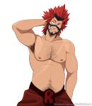  1boy aged_up alternate_muscle_size armpit_hair armpits bara belly boku_no_hero_academia cowboy_shot hand_in_own_hair kirishima_eijirou large_pectorals looking_at_viewer male_focus mature_male muscular muscular_male navel navel_hair nipples pectorals petrichorcrown red_eyes red_hair short_hair smile solo spiked_hair stomach topless_male 