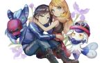  1boy 1girl blonde_hair blue_jacket boots brown_footwear calem_(pokemon) closed_mouth clothed_pokemon commentary_request eyelashes flower green_eyes grey_eyes hat holding holding_clothes holding_hat huan_li jacket long_hair looking_up meowstic meowstic_(female) meowstic_(male) pants pleated_skirt pokemon pokemon_(creature) pokemon_(game) pokemon_xy purple_flower red_skirt serena_(pokemon) shirt short_hair sitting skirt sleeveless sleeveless_shirt smile sunglasses twitter_username 