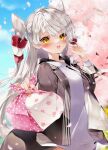  1girl amatsukaze_(kancolle) black_jacket blush cherry_blossoms commentary_request day grey_hair grey_hoodie hair_tubes highres holding hood hoodie irokiiro jacket kantai_collection long_hair long_sleeves open_clothes open_jacket open_mouth outdoors petals smile solo spring_(season) two_side_up upper_body yellow_eyes 