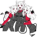  3girls bad_id bad_twitter_id belt black_gloves breasts cerberus_(helltaker) cropped_legs dede_(qwea_00000) demon_tail fangs gloves helltaker long_sleeves looking_at_viewer multiple_girls necktie open_mouth red_eyes simple_background smile tail triplets white_background white_hair 