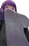  1girl black_coat blunt_bangs breasts coat commentary dress fern_(sousou_no_frieren) hews highres large_breasts long_hair long_sleeves looking_at_viewer open_clothes open_coat purple_eyes purple_hair sidelocks solo sousou_no_frieren white_dress 