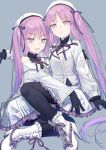 2girls bare_shoulders black_gloves black_pantyhose blush boots breasts coffeekite euryale_(fate) fate/grand_order fate_(series) gloves hair_ribbon hat high_heel_boots high_heels highres jacket long_hair long_sleeves looking_at_viewer multiple_girls off_shoulder open_mouth pantyhose parted_bangs parted_lips purple_eyes purple_hair ribbon sidelocks skirt small_breasts smile stheno_(fate) twintails very_long_hair white_headwear white_jacket white_skirt 