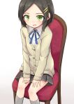  1girl black_hair black_skirt cardigan chair collared_shirt dress_shirt feet_out_of_frame forehead green_eyes grey_socks hair_ornament hairclip kakizaki_(chou_neji) kantai_collection kuroshio_(kancolle) parted_bangs pleated_skirt shirt short_hair sitting skirt socks solo white_cardigan white_shirt 