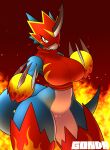 absurd_res anthro bandai_namco biped blue_body digimon digimon_(species) female fire_background flamedramon genitals gonda hi_res looking_at_viewer pussy red_background red_body simple_background solo white_body yellow_eyes 