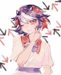  1girl ;) arrow_(symbol) black_nails eyebrows_hidden_by_hair flat_chest hand_up horns kijin_seija looking_at_viewer multicolored_hair nail_polish one_eye_closed pink_eyes shirt short_hair short_sleeves simple_background smile solo streaked_hair swept_bangs touhou upper_body v white_background white_shirt y_m_xanadu 
