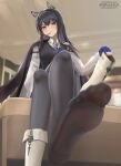  1girl animal_ears arknights black_hair black_pantyhose black_vest blue_gloves blue_necktie blurry blurry_background blush bm_(bm364364) boots collared_shirt crossed_bangs crossed_legs eyelashes feet fingerless_gloves foot_focus foreshortening gloves grey_eyes hair_between_eyes hand_up highres holding holding_boots holding_clothes holding_footwear indoors jacket jacket_on_shoulders long_sleeves looking_at_viewer mouth_hold necktie no_shoes pantyhose shirt sitting soles solo texas_(arknights) toes twitter_username vest white_footwear white_shirt 