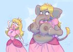  anthro beingobscene big_breasts blonde_hair blue_eyes breast_expansion breasts clothing crown dress ear_piercing elephant elephant_peach elephantid expansion female gloves grey_body grey_skin growth hair handwear headgear hi_res human_to_anthro lipstick makeup mammal mario_bros nintendo overweight overweight_anthro overweight_female piercing princess_peach proboscidean solo species_transformation tiara torn_clothing transformation trunk weight_gain 