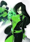  1girl black_hair black_lips bodysuit bound bound_knees colored_skin fire flaming_hand gloves green_bodysuit green_eyes green_fire green_gloves green_skin highres kim_possible_(series) long_hair looking_at_viewer multicolored_bodysuit multicolored_clothes shego solo vialnite 