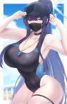  1girl absurdres adjusting_clothes adjusting_headwear armpits bare_shoulders beach black_choker black_headwear black_mask black_one-piece_swimsuit blue_archive blue_eyes blue_hair blue_sky blunt_bangs blurry blurry_background border breasts choker cleavage cloud collarbone commentary competition_swimsuit cosplay covered_navel cowboy_shot curvy dark_blue_hair day depth_of_field from_side groin hair_between_eyes half-closed_eyes halo hands_up high_ponytail highleg highleg_swimsuit highres kanta_(kanta_077) large_breasts light_blush long_hair looking_at_viewer mask mouth_mask ocean one-piece_swimsuit outdoors outside_border ponytail railing saori_(blue_archive) scowl shiroko_(blue_archive) shiroko_(swimsuit)_(blue_archive) shiroko_(swimsuit)_(blue_archive)_(cosplay) sideboob sidelocks sky slit_pupils solo standing straight_hair swimsuit taut_clothes thick_thighs thigh_strap thighs two-tone_swimsuit v-shaped_eyebrows very_long_hair visor_cap water wet wet_clothes wet_swimsuit whistle whistle_around_neck white_border wide_hips wide_ponytail 