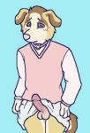  2016 aliasing anthro balls bird_dog blue_(bluekyokitty) blue_background blue_eyes bluekyokitty blush bodily_fluids bottomwear brown_body brown_fur canid canine canis choker chow_chow clothed clothing digital_drawing_(artwork) digital_media_(artwork) domestic_dog dress erection erection_under_skirt eyebrows flat_colors floppy_ears fur genitals golden_retriever grey_sclera half-length_portrait hand_on_hip humanoid_genitalia humanoid_penis hunting_dog jewelry male mammal mixed_breed necklace no_underwear penis pink_blush pink_clothing pink_dress pink_nose portrait retriever sebdoggo simple_background skirt solo spitz standing sweat sweatdrop tail tan_body tan_fur trans_(lore) trans_man_(lore) 
