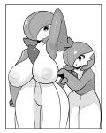 big_breasts breasts duo featureless_crotch female gardevoir generation_3_pokemon greyscale hair hair_over_eye huge_breasts humanoid monochrome nintendo not_furry nude one_eye_obstructed pokemon pokemon_(species) raised_arm shaking simple_background trembling uenositasayuu white_background 