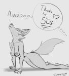  anthro areola biped breasts canid canine canis female fur hi_res howl mammal monochrome nipples nude schmutzo shadow solo thought_bubble wolf 