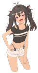  1girl :d akitetsu alternate_hair_color black_hair black_hairband black_shirt crop_top cropped_legs crossed_bangs denim denim_shorts fang hair_between_eyes hairband hand_on_own_hip highleg highleg_panties highres looking_at_viewer matsukai_mao medium_hair midriff navel nijisanji panties pink_eyes shirt short_shorts short_sleeves shorts simple_background skin_fang smile solo twintails underwear virtual_youtuber white_background white_shorts 