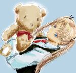  1girl black_ribbon black_vest blonde_hair blue_background blue_eyes blush bow bowtie chika_(keiin) closed_mouth collared_shirt commentary_request dutch_angle gunslinger_girl hair_ribbon highres holding holding_stuffed_toy long_hair long_sleeves looking_at_viewer necktie red_bow ribbon shirt simple_background sketch smile solo stuffed_animal stuffed_toy teddy_bear triela twintails upper_body very_long_hair vest white_shirt 