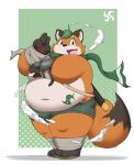  2023 anthro belly big_belly black_nose bottomwear canid canine clothing fox hi_res humanoid_hands kemono kusosensei leaf male mammal navel ninja orange_body overweight overweight_male scarf shorts solo warrior 