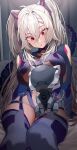  1girl absurdres black_thighhighs bodysuit breasts cropped_hoodie grey_bodysuit grey_hair highres hood hoodie horns indie_virtual_youtuber large_breasts long_hair long_sleeves looking_at_another marse_(rokudaime) mechanical_horns mechanical_tail non-humanoid_robot open_mouth red_eyes robot robot_animal robot_dog saruei_(vtuber) scar scar_across_eye sitting tail thighhighs twintails very_long_hair virtual_youtuber 