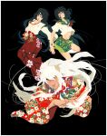  1boy 2girls animal_ears black_background black_hair clenched_teeth closed_eyes closed_mouth clothes_lift collared_shirt commentary detached_sleeves dog_ears english_commentary feet_out_of_frame fingernails floral_print frown green_sailor_collar green_skirt hakama higurashi_kagome inuyasha inuyasha_(character) japanese_clothes jewelry kikyou_(inuyasha) kimono kneehighs leg_up long_hair long_sleeves looking_at_viewer miko miniskirt multiple_girls navel neckerchief necklace outstretched_hand pants red_hakama red_kimono red_neckerchief red_pants sailor_collar sailor_shirt sharp_fingernails shirt shirt_lift short_sleeves simple_background skirt socks stomach striped_collar teeth thick_eyebrows upper_body very_long_hair wavy_hair white_hair white_shirt white_sleeves white_socks wide_sleeves yellow_eyes yutaan 