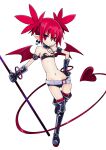  1girl armlet bare_shoulders belt black_bra black_choker black_footwear black_gloves black_shorts boots bra bracelet choker closed_mouth commentary contrapposto demon_girl demon_tail demon_wings disgaea donikura earrings etna_(disgaea) flat_chest full_body gloves hair_up hand_on_own_hip holding holding_polearm holding_weapon jewelry light_smile looking_at_viewer midriff navel o-ring_collar pointy_ears polearm red_eyes red_hair red_thighhighs short_shorts shorts simple_background skull_earrings slit_pupils smile solo standing tail thigh_boots thigh_gap thighhighs twintails underwear v-shaped_eyebrows weapon white_background white_belt wings 