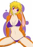  big_breasts bikini breasts clothing female fur hi_res lagomorph leporid mammal orange_body orange_fur pinup pose purple_eyes rabbit ryuu1ch1 solo solo_focus swimwear tangobunny 