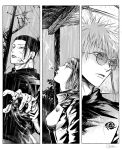  1girl 2boys absurdres blood blood_on_face cigarette closed_mouth ear_piercing getou_suguru glasses gojou_satoru greyscale hair_pulled_back hand_up highres ieiri_shoko jacket jozpic jujutsu_kaisen jujutsu_tech_uniform long_sleeves looking_up monochrome mouth_hold multiple_boys piercing profile rain round_eyewear school_uniform short_hair smoking umbrella upper_body utility_pole 