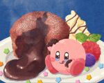  :q blue_background blue_eyes blueberry blush_stickers cake chocolate chocolate_cake chocolate_on_hand chocolate_syrup closed_mouth colored_skin commentary_request food food_focus food_on_hand fruit kirby kirby_(series) leaf miclot no_humans oversized_food oversized_object pink_footwear pink_skin plate powdered_sugar raspberry shadow shoes sitting smile solo sparkling_eyes star_(symbol) steam tongue tongue_out valentine whipped_cream 