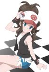  1girl antenna_hair aqua_eyes arm_support arm_up baseball_cap black_vest brown_hair checkered_floor closed_mouth commentary_request crossed_legs eyelashes gensei00 hat highres hilda_(pokemon) holding holding_poke_ball long_hair looking_to_the_side open_clothes open_vest poke_ball poke_ball_(basic) poke_ball_print pokemon pokemon_(game) pokemon_bw shirt shorts sidelocks sitting smile solo vest white_headwear white_shirt wristband 