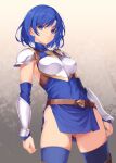  1girl armor ass ass_visible_through_thighs blue_eyes blue_hair boots breasts brown_footwear catria_(fire_emblem) covered_navel detached_sleeves fire_emblem fire_emblem:_mystery_of_the_emblem fire_emblem:_shadow_dragon_and_the_blade_of_light gradient_background headband kirishima_satoshi knight looking_at_viewer panties pantyshot pegasus_knight_uniform_(fire_emblem) short_hair side_slit sleeveless smile solo thighhighs thighhighs_under_boots underwear white_background white_headband white_panties 