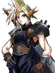  1boy armor baggy_pants blonde_hair blue_eyes bn_241 buster_sword closed_mouth cloud_strife final_fantasy final_fantasy_vii gloves hair_between_eyes hand_on_own_hip huge_weapon looking_at_viewer male_focus pants ribbed_sweater short_hair shoulder_armor single_sidelock sleeveless sleeveless_turtleneck solo spiked_hair suspenders sweater sword sword_on_back turtleneck turtleneck_sweater upper_body weapon weapon_on_back white_background 
