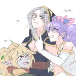  3girls anger_vein arm_hug ashe_(league_of_legends) bare_shoulders blonde_hair blue_hair bow breasts cleavage clenched_teeth elbow_gloves gloves grey_hair grin gwen_(league_of_legends) hair_ornament highres hug large_breasts league_of_legends looking_at_another looking_up multiple_girls pink_bow pointy_ears poppy_(league_of_legends) shoulder_plates simple_background smile star_(symbol) star_guardian_gwen star_hair_ornament teeth translation_request twintails white_background white_gloves xayahsona_27 yordle 