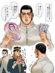  3boys bara black_hair black_jacket blush closed_mouth collared_shirt facial_hair glowstick golden_kamuy hat highres holding jacket jo_tuesday19 large_pectorals looking_at_another male_focus military_hat mousepad_(object) multiple_boys muscular muscular_male ogata_hyakunosuke open_mouth pectorals photo_(object) scar scar_on_cheek scar_on_face scar_on_mouth scar_on_nose shirt short_hair sideburns sugimoto_saichi tanigaki_genjirou translation_request white_shirt 