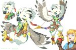  2boys bird_boy bishounen blonde_hair blue_eyes english_commentary feathers food fruit furry furry_male gloves holding holding_food holding_fruit kamitake5505 link male_focus multiple_boys one_eye_closed open_mouth simple_background smile the_legend_of_zelda the_legend_of_zelda:_breath_of_the_wild the_legend_of_zelda:_tears_of_the_kingdom tulin_(zelda) white_background white_feathers 
