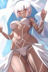  1girl altera_(fate) altera_(lostroom_outfit)_(fate) ass_visible_through_thighs bare_shoulders bikini blue_sky body_markings breasts cleavage commentary dark-skinned_female dark_skin fate/grand_order fate_(series) grin highres looking_at_viewer medium_breasts navel red_eyes shinsaku_(stan-art) short_hair sky smile swimsuit thighs white_bikini white_hair 