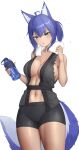  1girl absurdres ahoge animal_ear_fluff animal_ears bare_arms bare_shoulders black_shorts black_vest blue_hair bottle breasts cleavage commentary commission copyright_request english_commentary grey_eyes hair_between_eyes highres holding holding_bottle holding_towel large_breasts looking_at_viewer navel open_clothes open_vest parted_lips ponytail shorts sideboob sidelocks simple_background solo stomach sweat tail towel towel_around_neck vest white_background yuzabeecha 