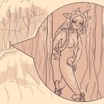  anthro antlers backpack blueregardtwo boots breasts clothing covering covering_crotch deer elaine_(blueregardtwo) female footwear forest hair horn long_hair mammal nipples nude plant solo tail tree 