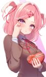  1girl :&lt; absurdres blush box brown_jacket closed_mouth collared_shirt commentary_request doki_doki_literature_club dress_shirt eyelashes fingernails gift hair_intakes hair_ornament hair_ribbon hair_twirling hand_up heart-shaped_box highres holding holding_gift jacket lapels long_sleeves looking_at_viewer medium_hair nail_polish natsuki_(doki_doki_literature_club) neck_ribbon parted_bangs pink_hair pink_nails purple_eyes red_ribbon ribbon school_uniform shirt sidelocks simple_background solo swept_bangs two_side_up upper_body v-shaped_eyebrows wahhuru1129 white_background white_shirt wing_collar x_hair_ornament 